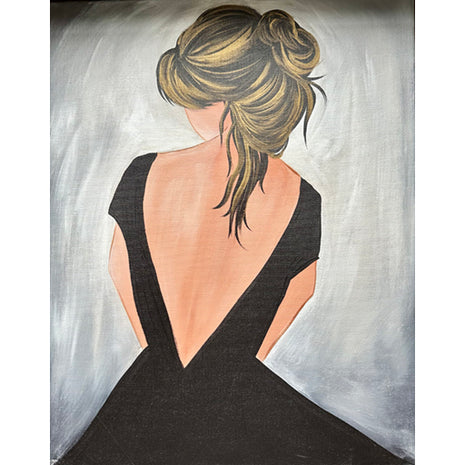 Canvas painting of a woman in a little black dress. She is facing the other way, so all we see if the back of her head - with gold metallic highlighted hair - and the large open back of her dress.  