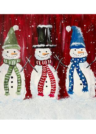 Canvas painting of three snowmen in colorful scarves and hats in the snow. 