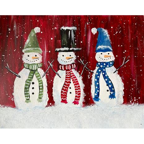 Canvas painting of three snowmen in colorful scarves and hats in the snow. 