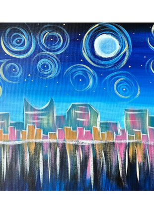 Van Gogh inspired painting of starry night over a city. 