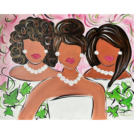 Canvas painting of three African American women with white dresses, pearls, and hair highlighted in copper and gold metallic. They have pink lipstick with glitter, and there is green ivy with a pink background. 