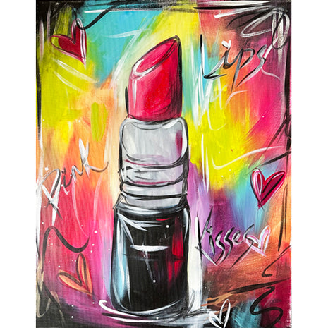 Canvas painting of a bright, bold pink lipstick. The background is equally bold, with lots of bright colors like pink, yellow, teal, purple, orange and red. 