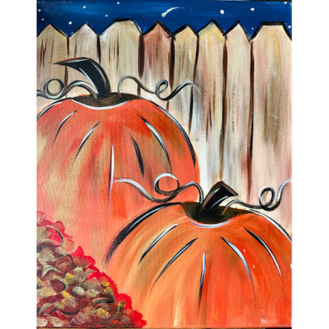 Canvas painting of two large orange pumpkins with a fence in the background. A pile of leaves is in the foreground.