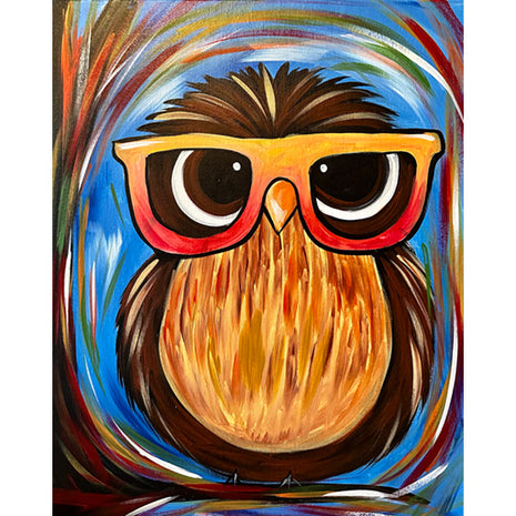 Canvas painting of a funky owl with eyeglasses, sitting on a tree branch. He is brown with gold accents, and there are colorful accents everywhere in the background as well. 