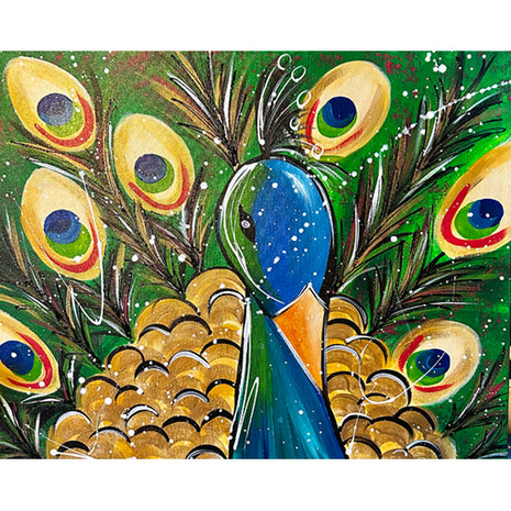Canvas painting of a peacock. The peacock is blue and green with bright green and gold plumage. 