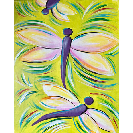 Canvas painting of three dragonflies with purple bodies and light pastel colored wings against a lime green background. There are lots of accent colors in the background painted to simulate movement so it looks like the dragonflies are in flight. 