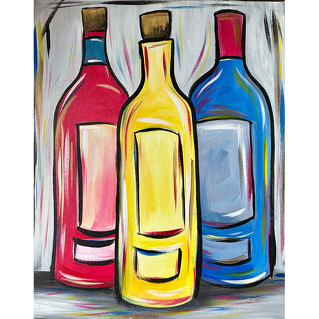 Canvas painting of three very colorful bottles of wine - bright red, yellow and bold blue. Gold accents are seen on each.