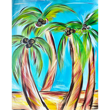 Fun and funky canvas painting of four "dancing" palm trees on the beach. 