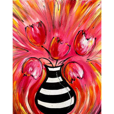 Fun and funky canvas painting of a black and white striped vase with pink tulips in it. The background is a kaleidoscope of colors in the red and yellow families. 