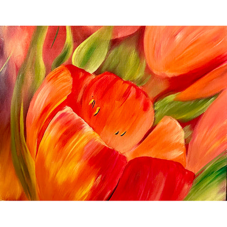 Canvas painting of reddish orange flowers in varying stages of bloom. 