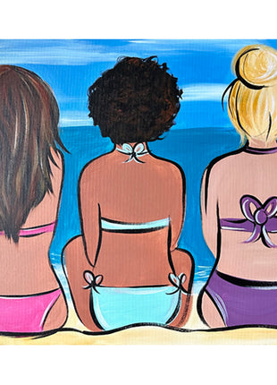 Canvas painting of three girlfriends in swimwear sitting on the sand staring at the ocean. 