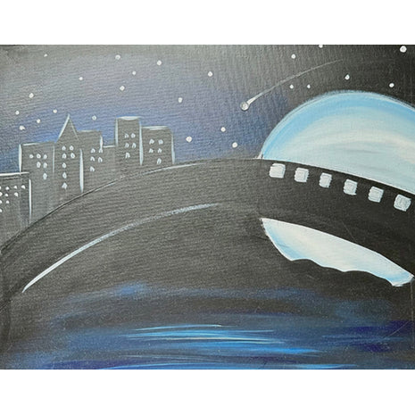 Canvas painting of a bridge at night with a large moon behind the bridge on the right side and a cityscape just over the bridge on the left side. There are many stars in the sky, including one shooting star which is accented with a glued-on rhinestone. 