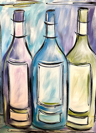 Canvas painting of three bottles of wine in muted purple and green/blue tones. 