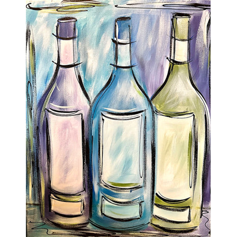 Canvas painting of three bottles of wine in muted purple and green/blue tones. 