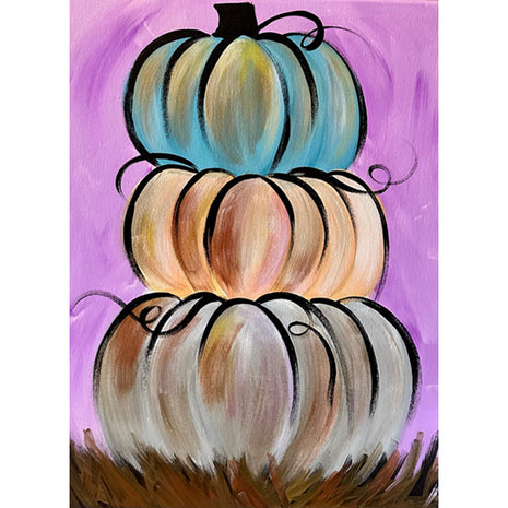 Canvas painting of three pumpkins stacked on top of one another against a fluorescent purple background. The pumpkins are teal, orange, and light gray. with gold and copper metallic accents. 