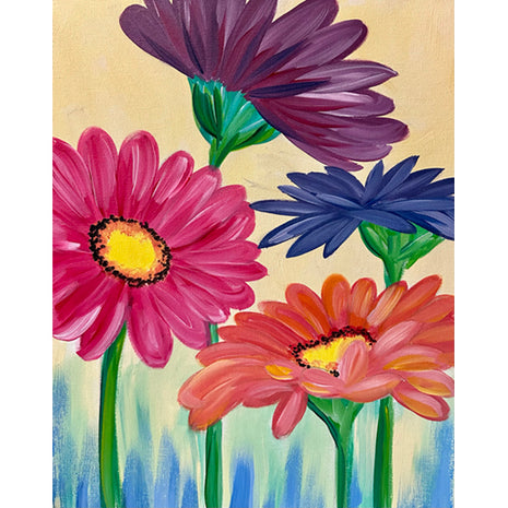 Canvas painting of four gerber daisies, one pink, one purple, one blue and one orange. 