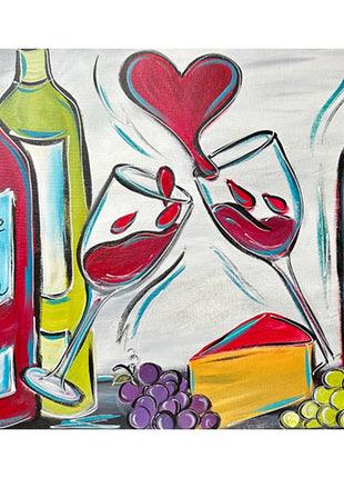 Canvas painting of wine and cheese. On the left are two bottles of wine, a wine glass and some purple grapes. On the right is a wine glass with a red heart coming out of it, a block of cheese, green grapes, and another bottle of wine. 