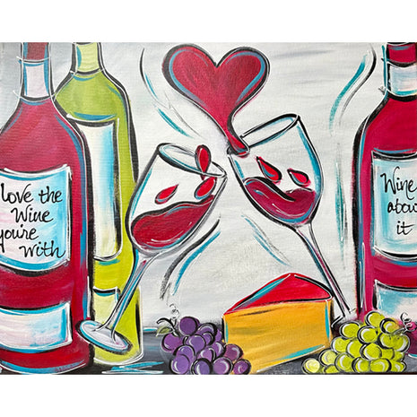 Canvas painting of wine and cheese. On the left are two bottles of wine, a wine glass and some purple grapes. On the right is a wine glass with a red heart coming out of it, a block of cheese, green grapes, and another bottle of wine. 