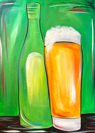 Canvas painting of a green craft beer bottle and a large pilsner glass of beer. 