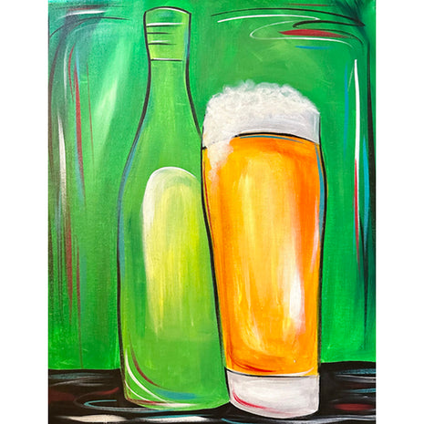 Canvas painting of a green craft beer bottle and a large pilsner glass of beer. 