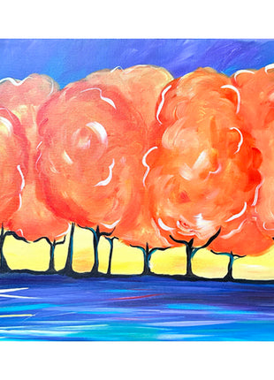 Canvas painting of a stand of orange fall trees against  purple and yellow background. 