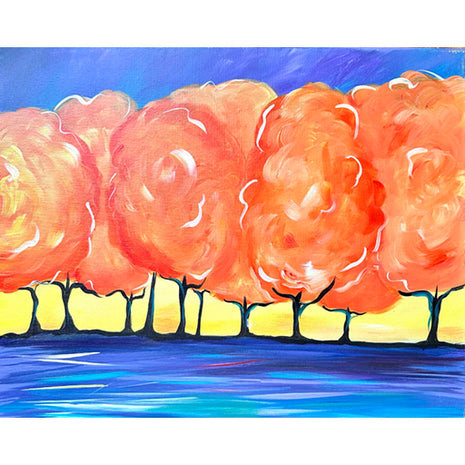 Canvas painting of a stand of orange fall trees against  purple and yellow background. 