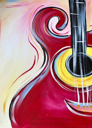 Canvas painting of a funky red guitar with yellow and blue accents.