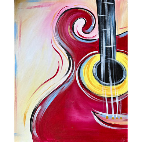 Canvas painting of a funky red guitar with yellow and blue accents.