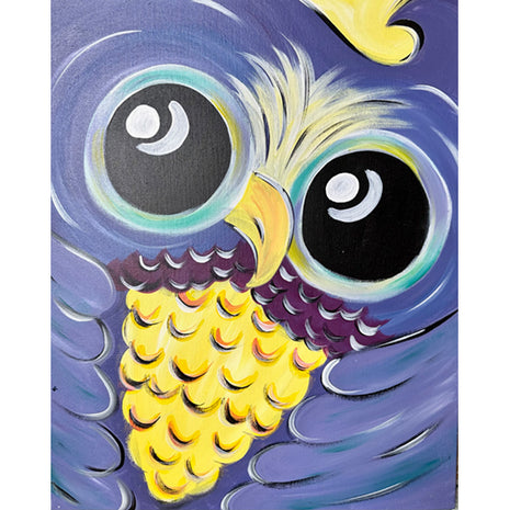 Canvas painting of a large purple owl with yellow and reddish purple accents. He has two very large black eyes and poofy hair.