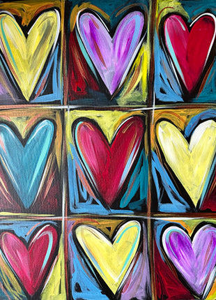 Canvas painting of a Warhol-inspired display of hearts, three down and three across in a loosely organized grid. The hearts are all brightly colored and they are on black backgrounds with lots of other colors accenting. 