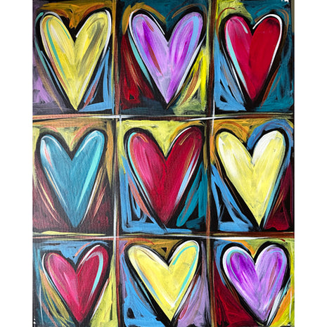 Canvas painting of a Warhol-inspired display of hearts, three down and three across in a loosely organized grid. The hearts are all brightly colored and they are on black backgrounds with lots of other colors accenting. 
