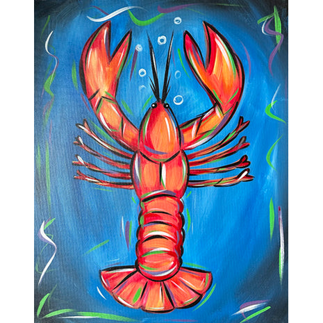 Canvas painting of a bright red lobster against a blue background. 