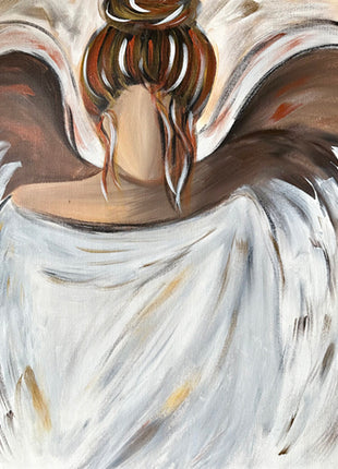 Canvas painting of an angel with her hair in an updo. The painting is mostly white and brown with plenty of metallic gold and copper. 