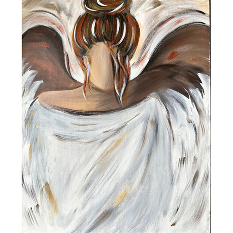 Canvas painting of an angel with her hair in an updo. The painting is mostly white and brown with plenty of metallic gold and copper. 