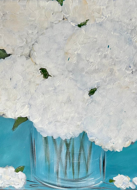 Canvas painting of a large glass vase of white hydrangeas against a turquoise background. 