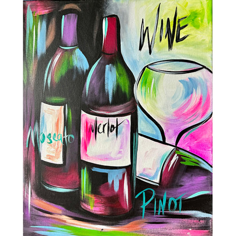 Canvas painting of three bottles of wine and a large wine glass. The painting has a lot of black elements that have been accented and highlighted with fluorescent colors like yellow, purple, pink and green. 