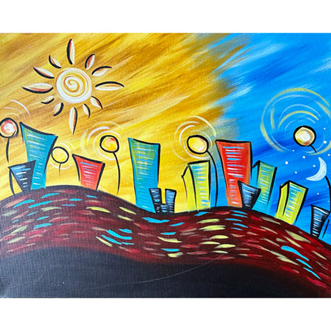 Canvas painting of a funky city on a hill. The buildings are all interesting shapes and they are swaying in the wind. On one side of the painting is the sun, while the moon is on the other side. 