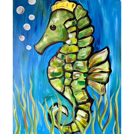 Canvas painting of a green seahorse underwater with ocean elements. 