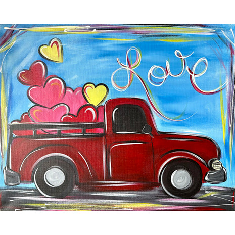 Canvas painting of a vintage red truck with large colorful hearts in the back of the truck. The word LOVE is written in script on the blue background. 