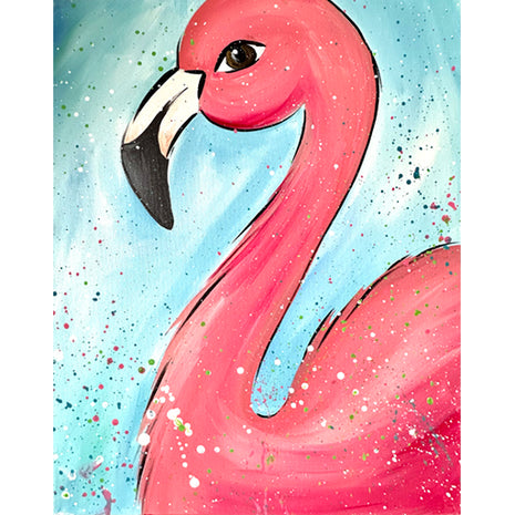 Canvas painting of the side view of a large pink flamingo.