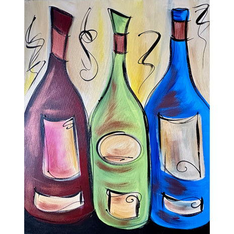 Canvas painting of three colorful bottles of wine. 
