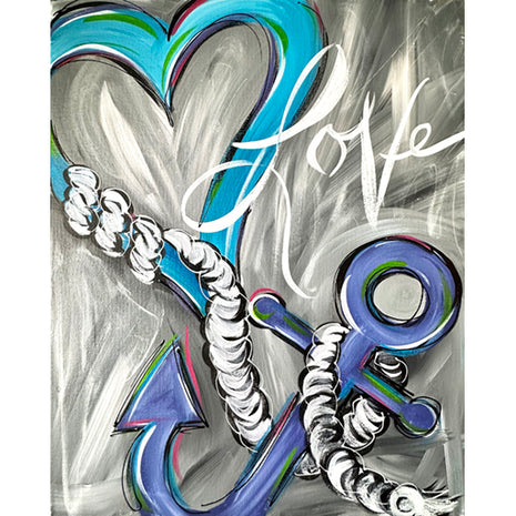 Canvas painting of a teal heart connected by a rope which is attached to a purple anchor. The theme of the painting is Love is the Anchor.