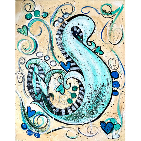 Canvas painting of the letter S, which is done in a fancy script and has many elements coming off of it, such as hearts, swirls, dots, and stripes. It is accented with glitter as well. 
