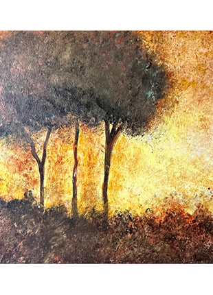 Canvas painting of a yellow and gold background with dark trees in the foreground. The painting features a lot of gold and copper metallic, and it is done not with brushes but with rolled up paper towels. 