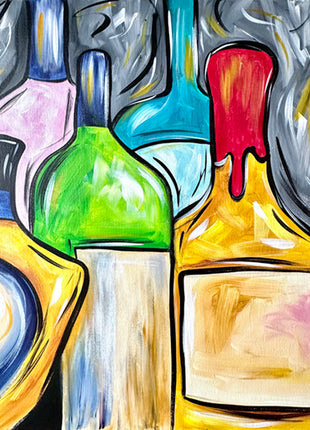 Canvas painting of five colorful bottles on a bar. 