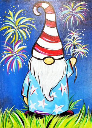 Canvas painting of a gnome dressed in 4th of July colors holding lit sparklers. 