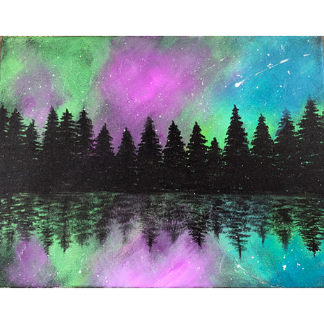 Canvas painting of the Aurora Borealis over a stand of trees with a lake in the foreground that reflects the colorful glow. 