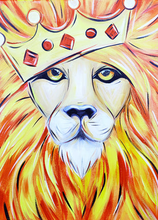Canvas painting of a brightly painted lion - mostly yellow and orange. He is wearing a jeweled crown because he is the King of the Jungle. 