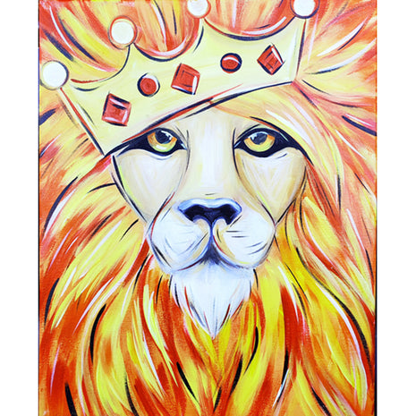 Canvas painting of a brightly painted lion - mostly yellow and orange. He is wearing a jeweled crown because he is the King of the Jungle. 