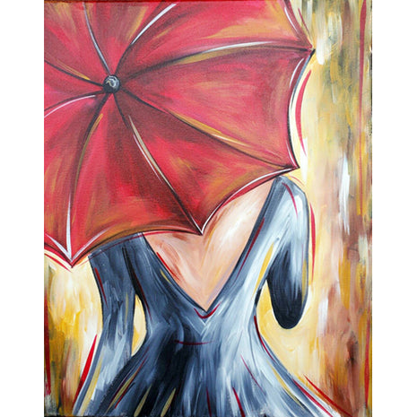 Canvas painting of a woman in a black dress holding a red umbrella that obscures much of her upper body. 